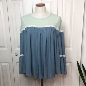 NWT LOFT blue & green peasant blouse, bell sleeves